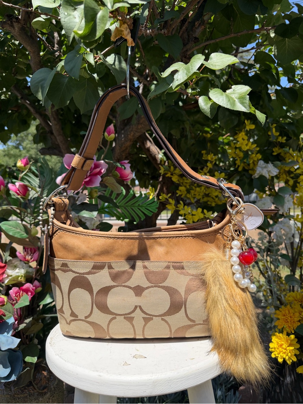 Coach Beige/Tan Signature Canvas Shoulder Bag with Fur Charm